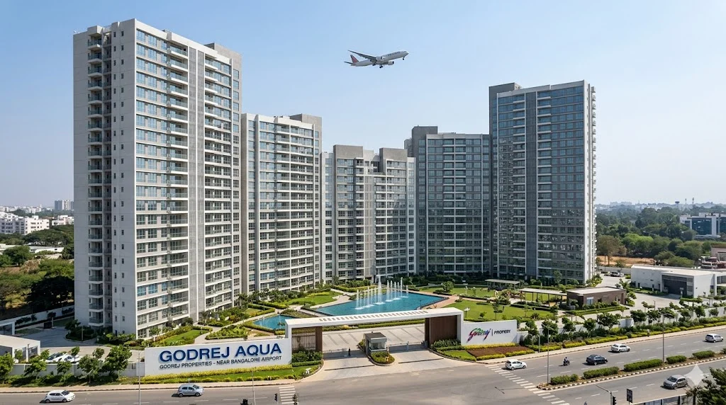 A luxurious residential high-rise building by Godrej Properties located near the Bangalore International Airport.